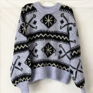 Zara Blue And Black Mohair And Wool Sweater Balloon Sleeve Size Medium